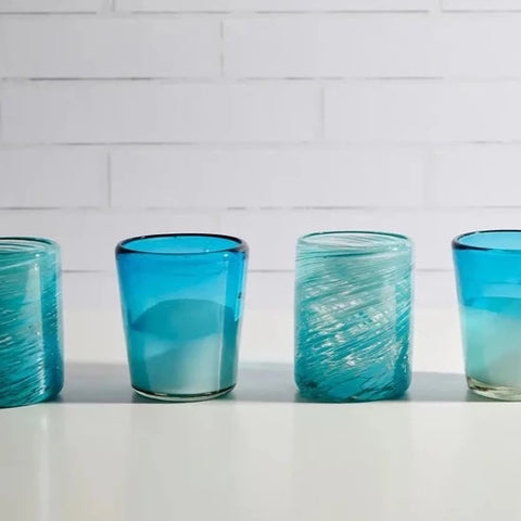 hand blown Mexican glass drinking glasses,set of 4 aqua band heavy