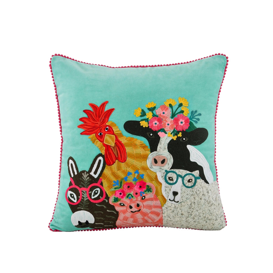 Embroidered Farm Animals Throw Pillow