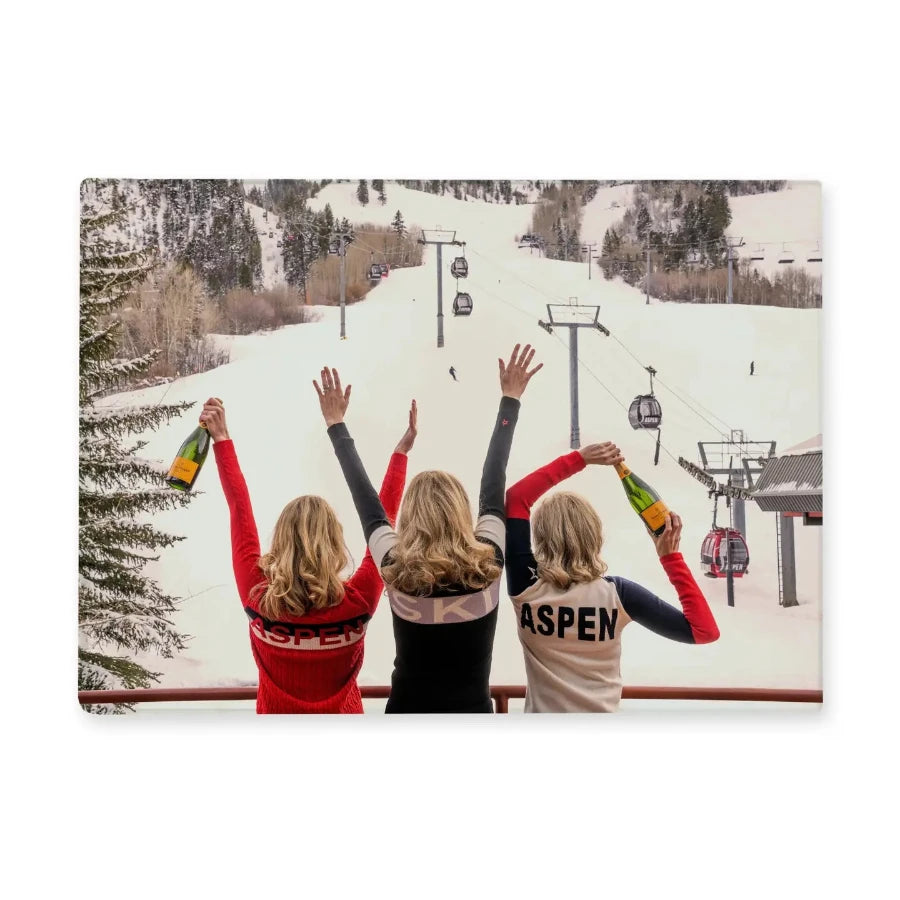 glass Cutting Board Ski Girls with Champagne