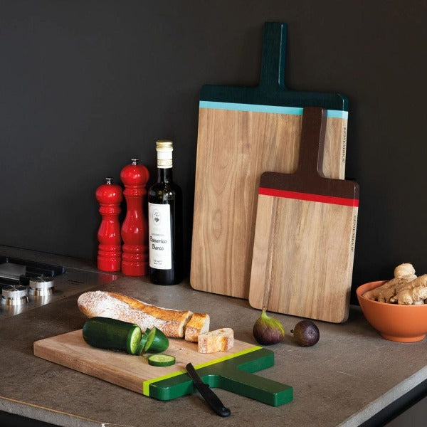 wood cutting board with aqua and teal 